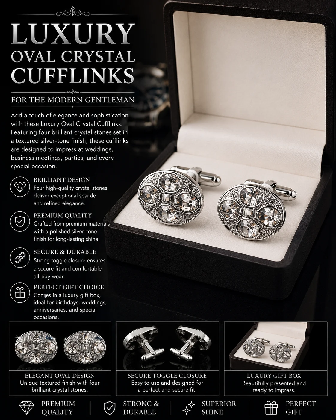 Luxury Oval ZARKAN Silver Cufflinks for Men
