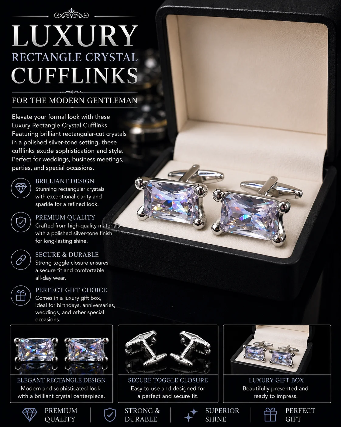 Luxury Silver ZARKAN Cufflinks for Men