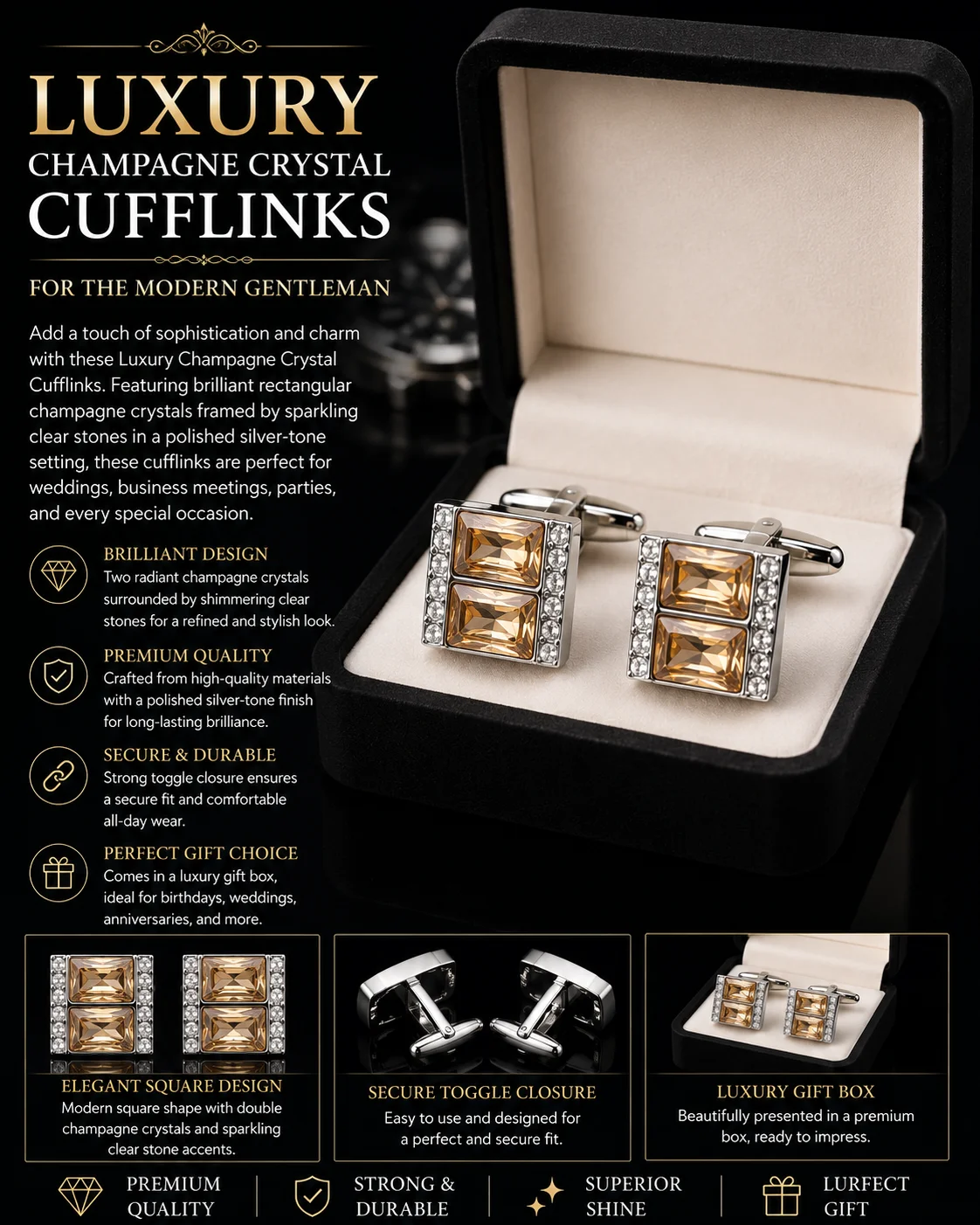 Luxury Champagne ZARKAN Square Cufflinks for Men