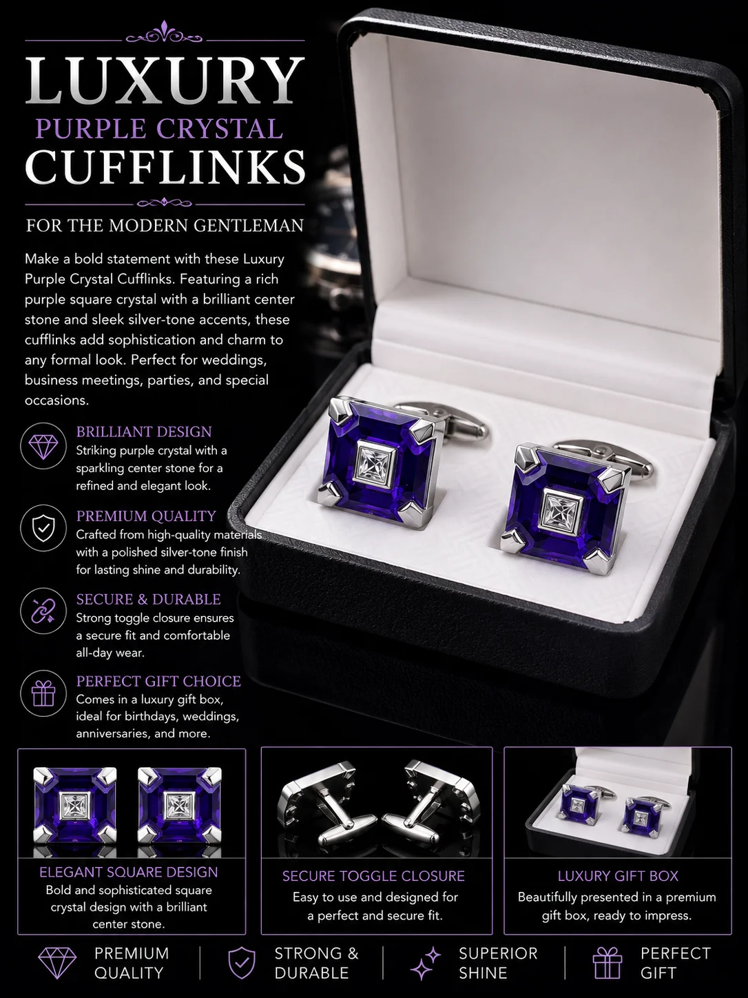 Luxury Purple ZARKAN Square Cufflinks for Men