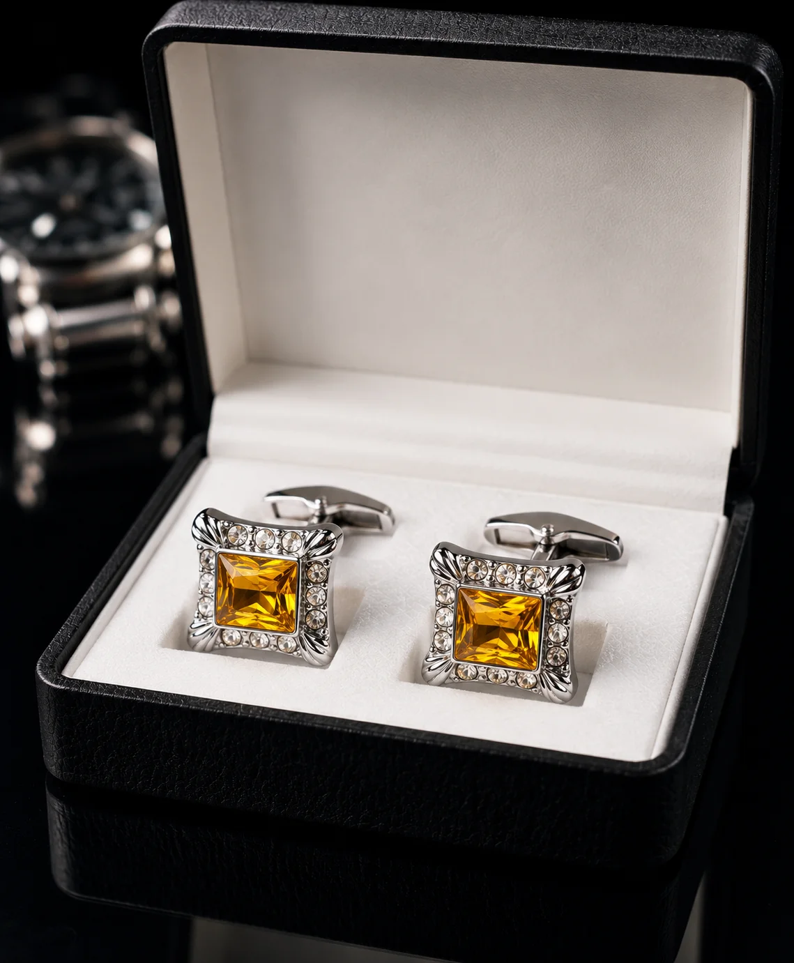 Luxury Amber Crystal Silver Cufflinks