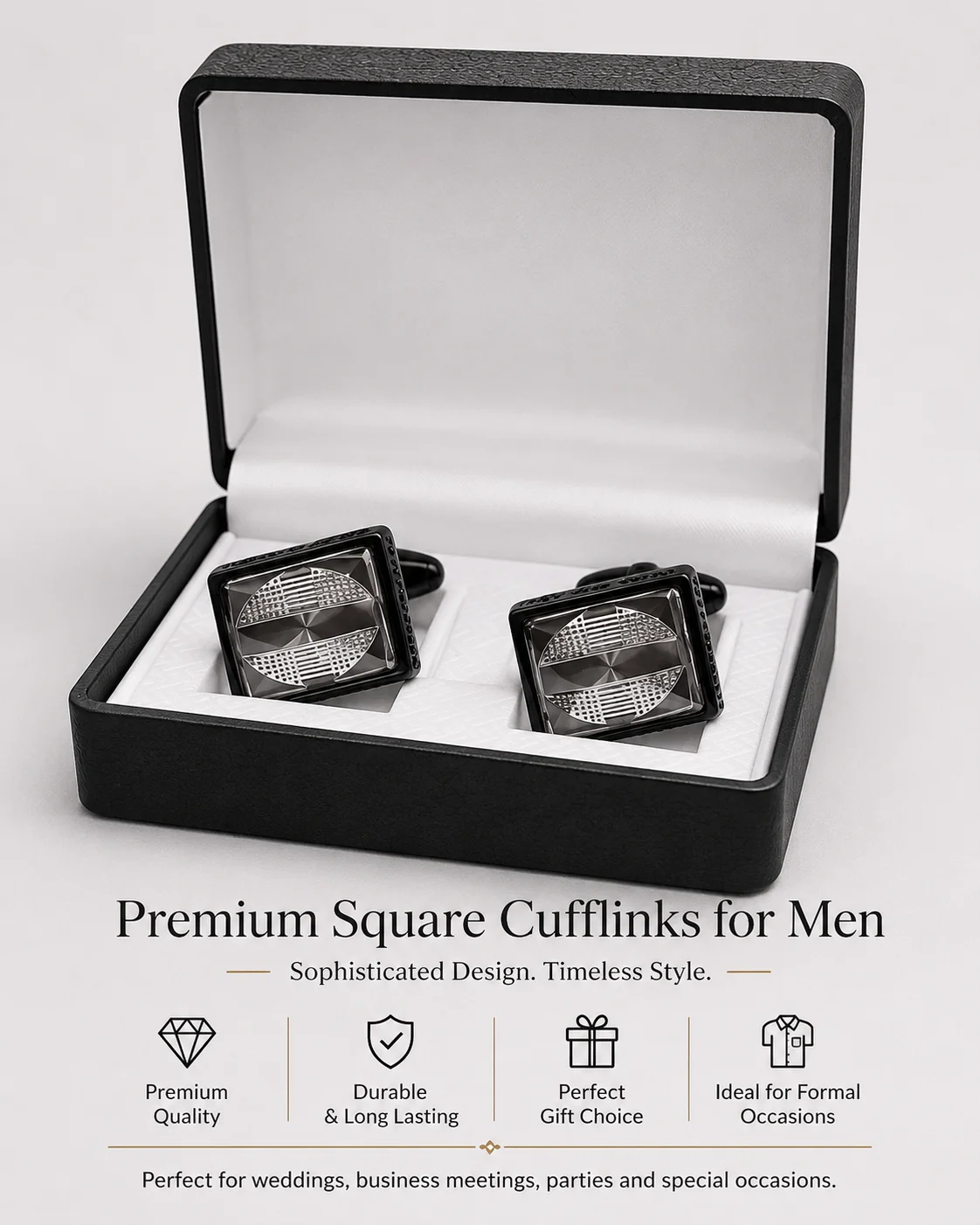 Premium Black Square Cufflinks for Men