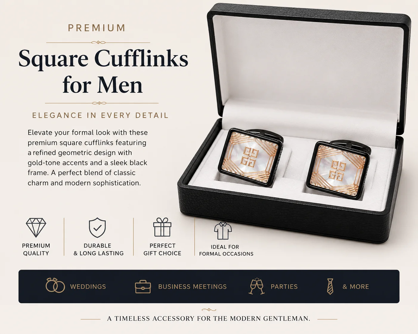 Luxury Black & Gold Square Cufflinks for Men