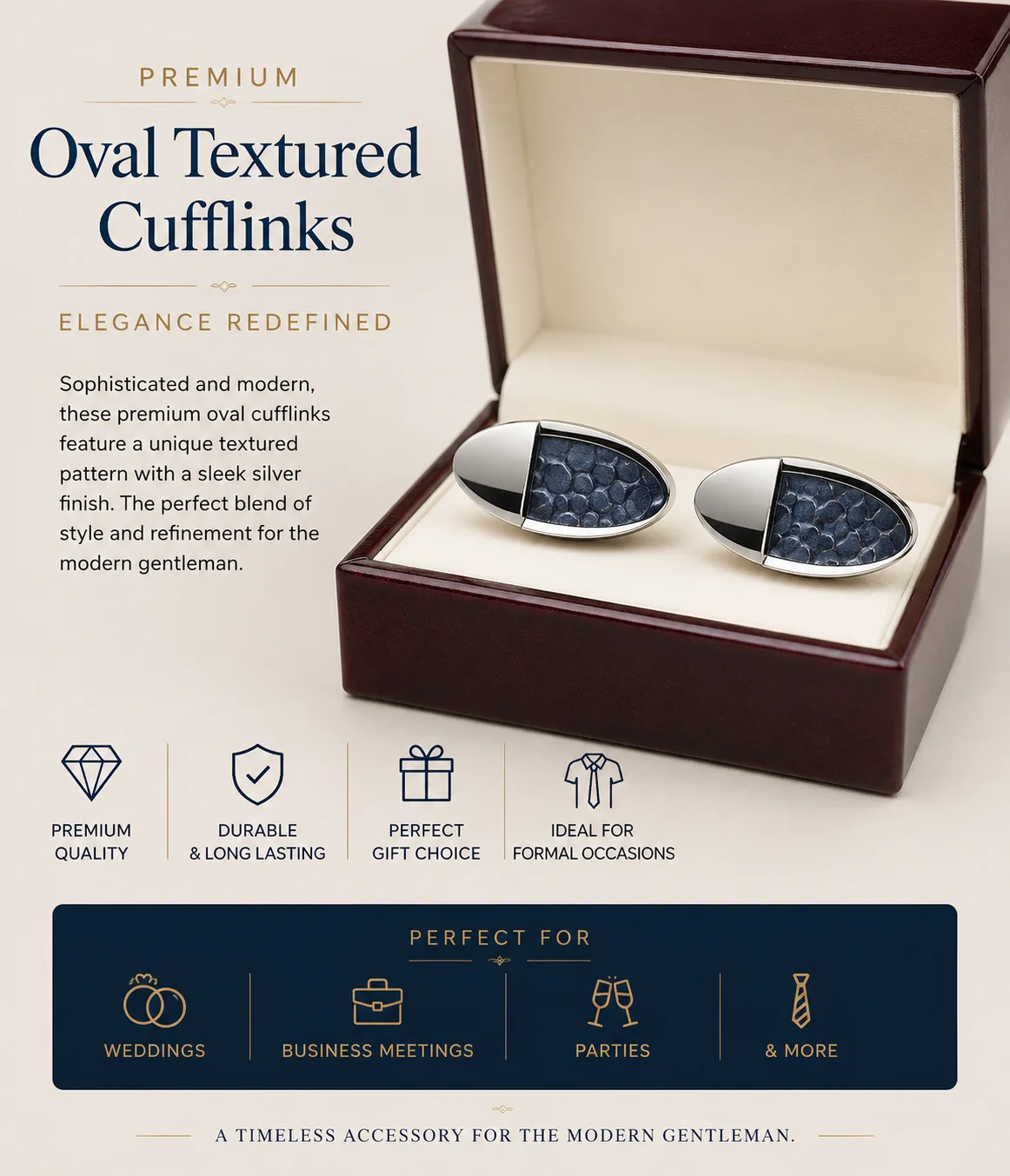 Luxury Oval Textured Silver Cufflinks for Men