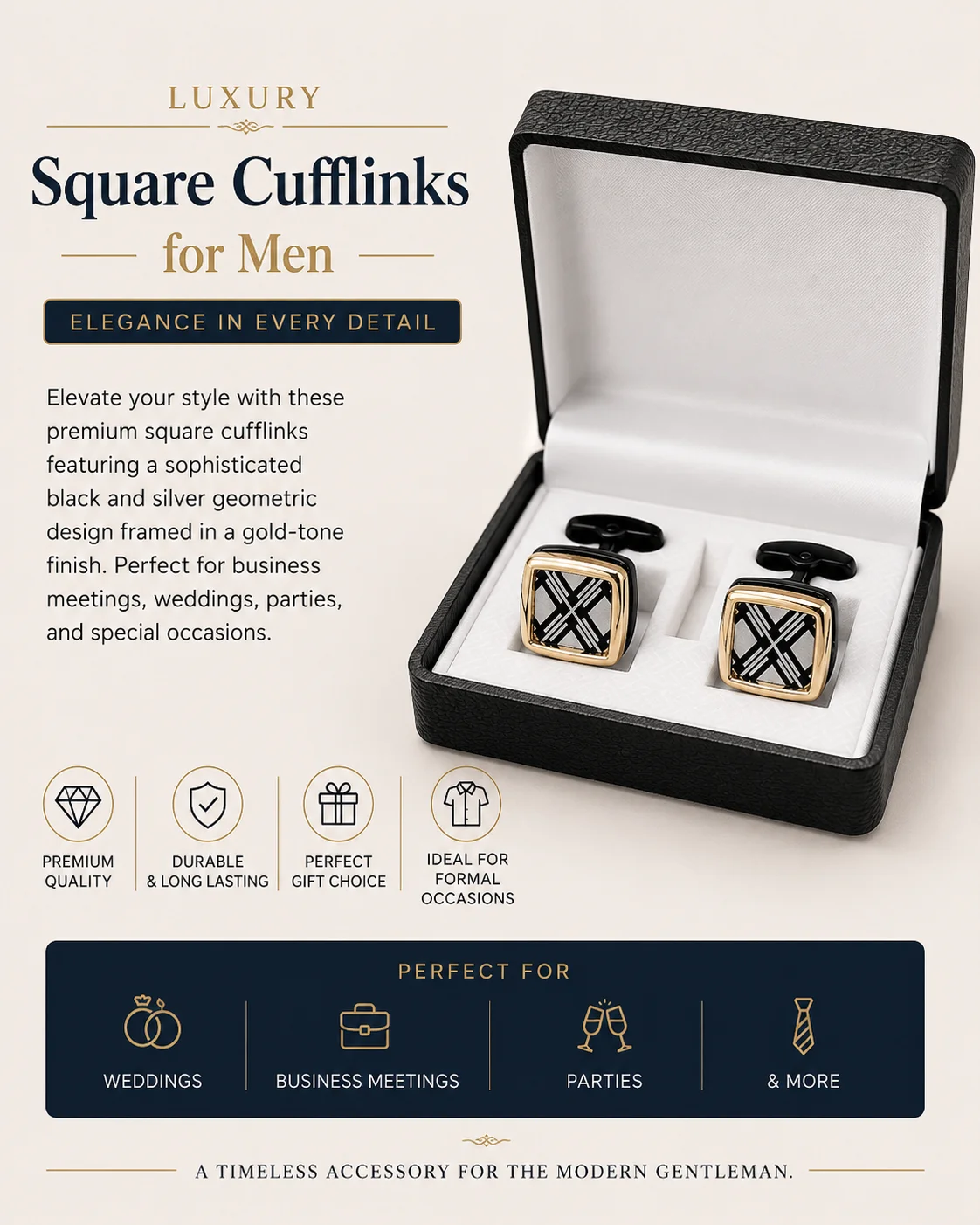 Luxury Square Gold & Black Cufflinks for Men