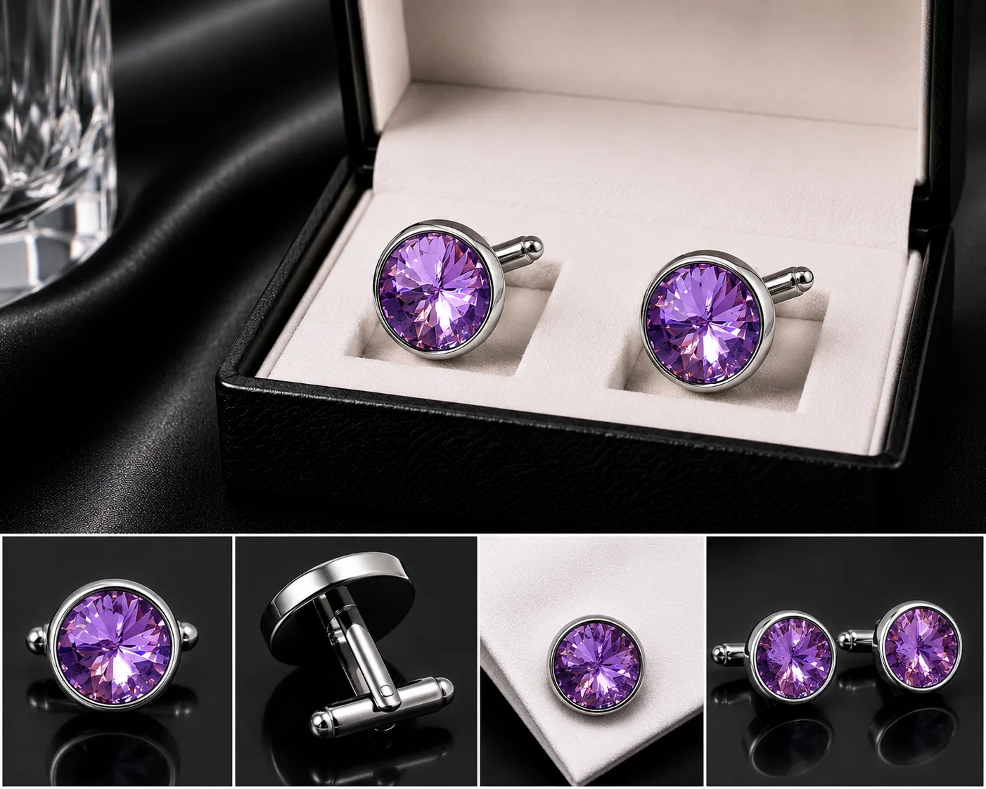 Premium Crystal Cufflinks for Men – Luxury Silver Tone Formal Shirt Cuff Links