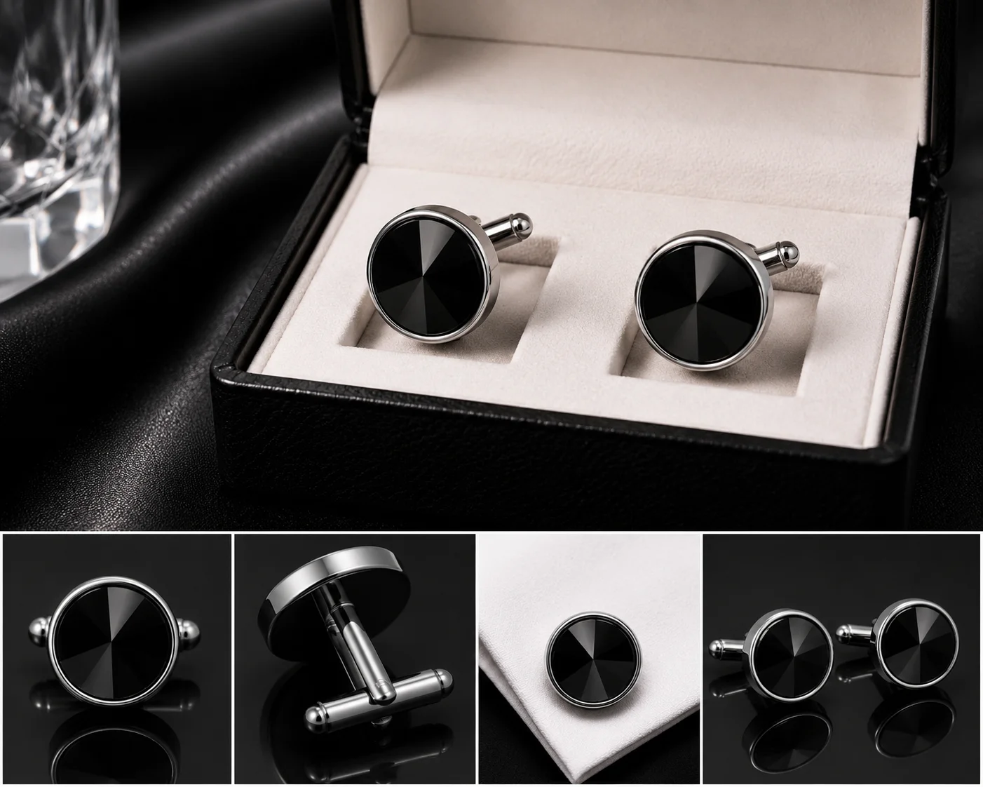 Premium Crystal Cufflinks for Men – Luxury Silver Tone Formal Shirt Cuff Links