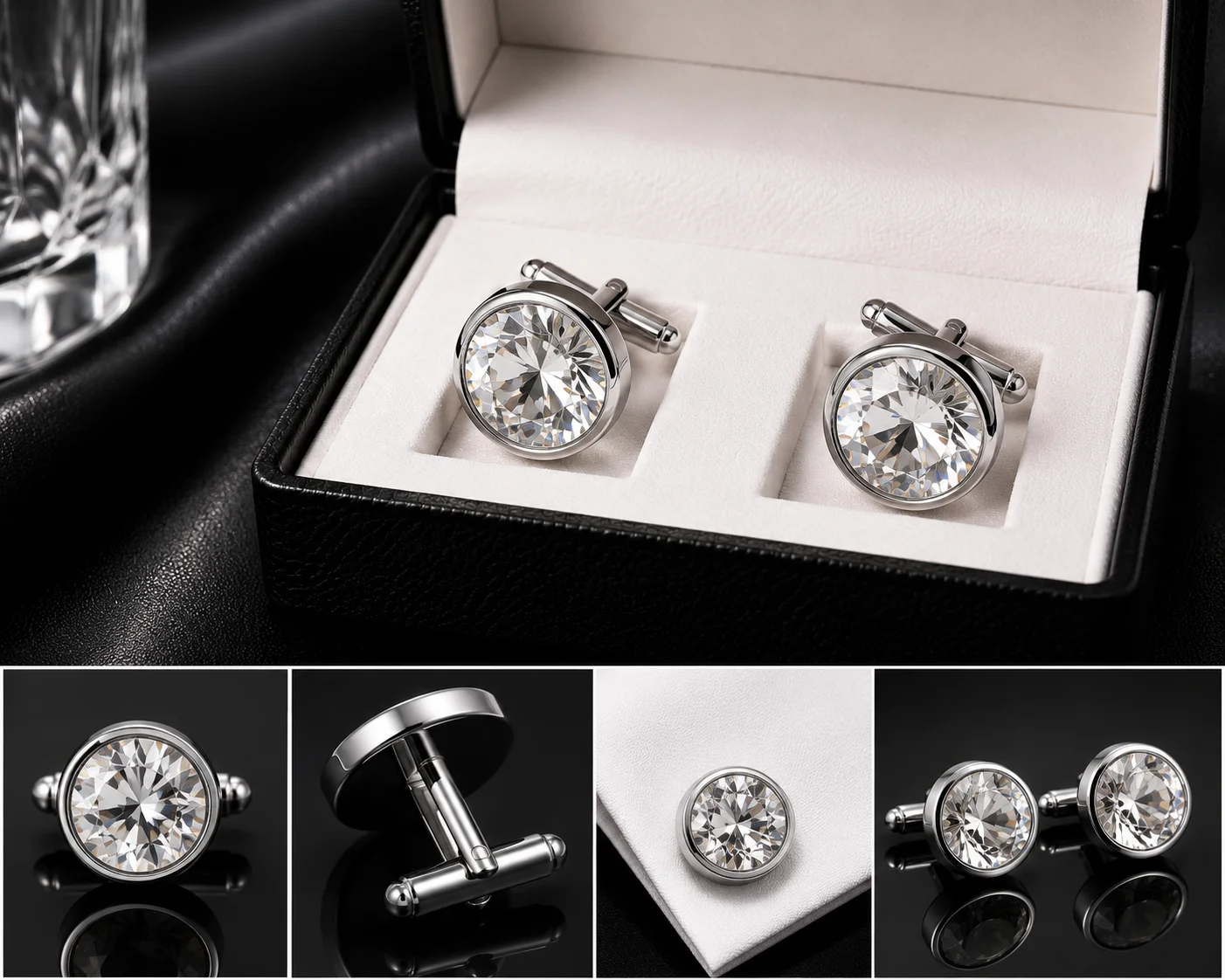 Premium Crystal Cufflinks for Men – Luxury Silver Tone Formal Shirt Cuff Links