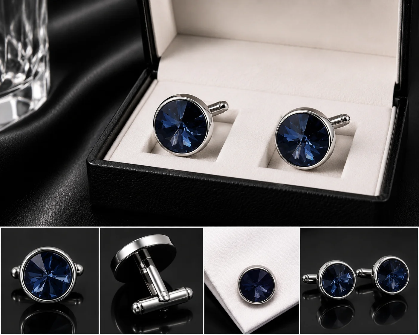 Premium Crystal Cufflinks for Men – Luxury Silver Tone Formal Shirt Cuff Links