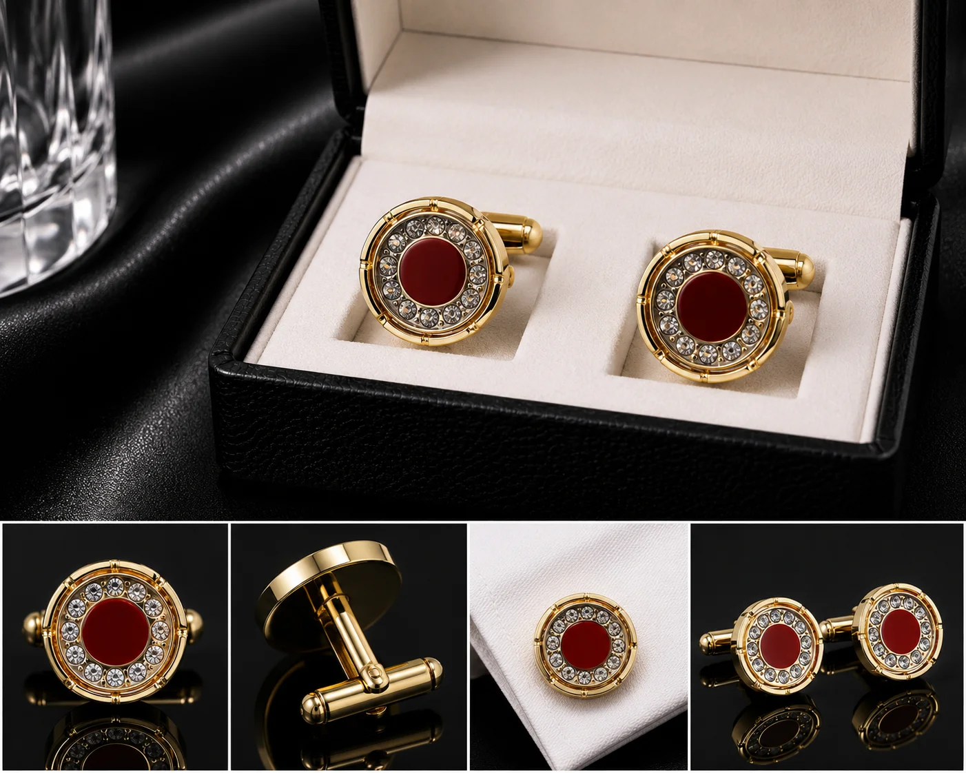 Luxury Gold Crystal Cufflinks for Men – Red Stone Formal Shirt Cuff Links