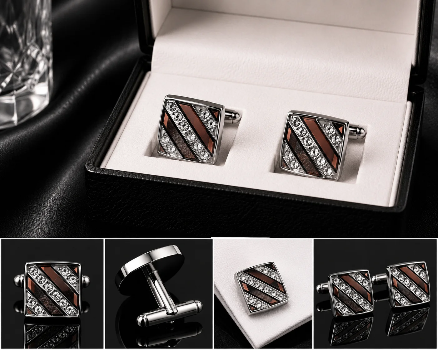 Luxury Striped Crystal Cufflinks for Men – Silver Tone Formal Shirt Cuff Links