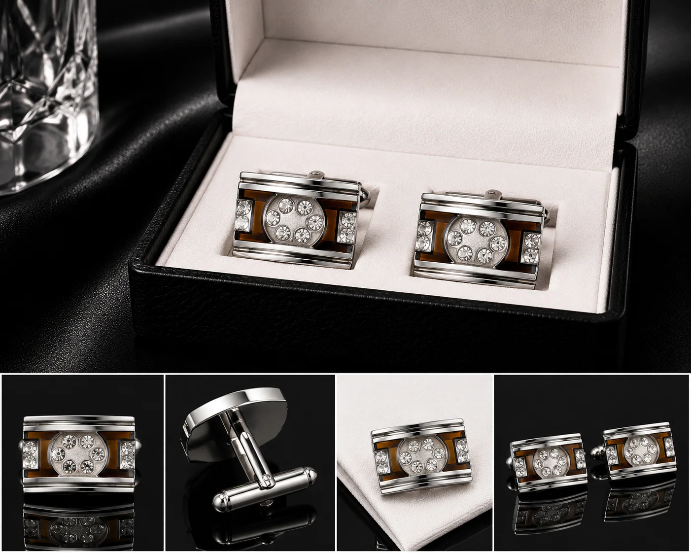 Luxury Silver & Brown Crystal Cufflinks for Men – Premium Formal Shirt Cuff Links