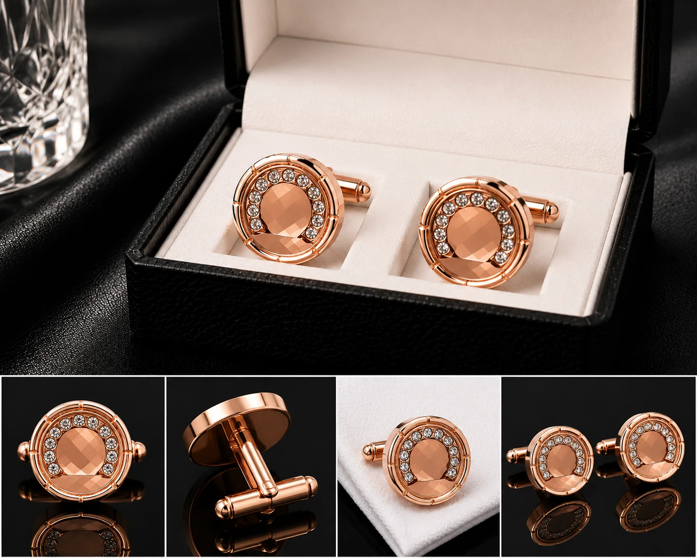 Luxury Rose Gold Crystal Cufflinks for Men – Premium Formal Shirt Cuff Links