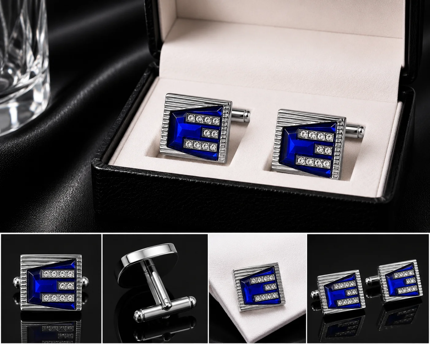 Royal Blue Crystal Square Cufflinks for Men