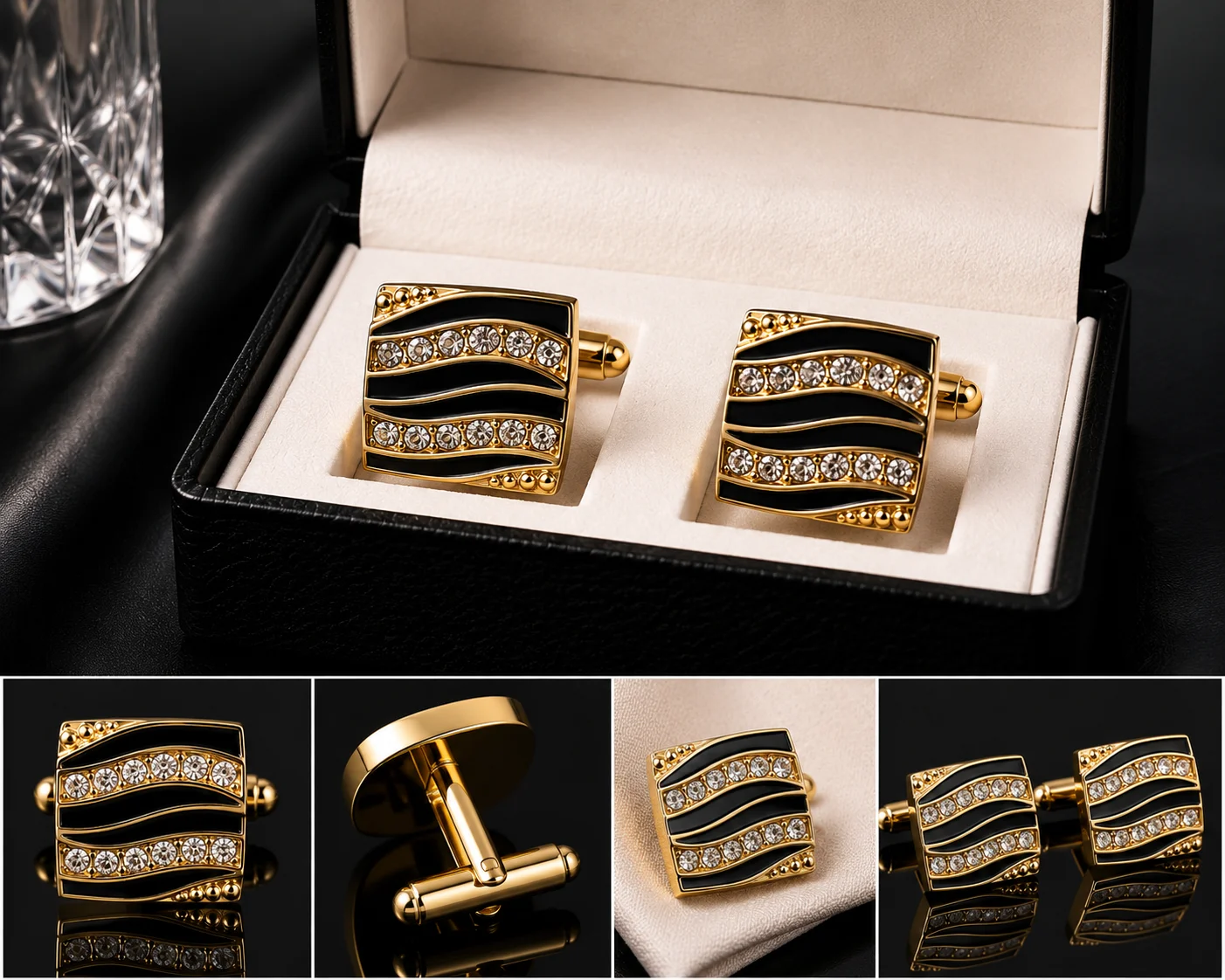 Luxury Gold & Black Crystal Cufflinks for Men – Premium Formal Shirt Cuff Links