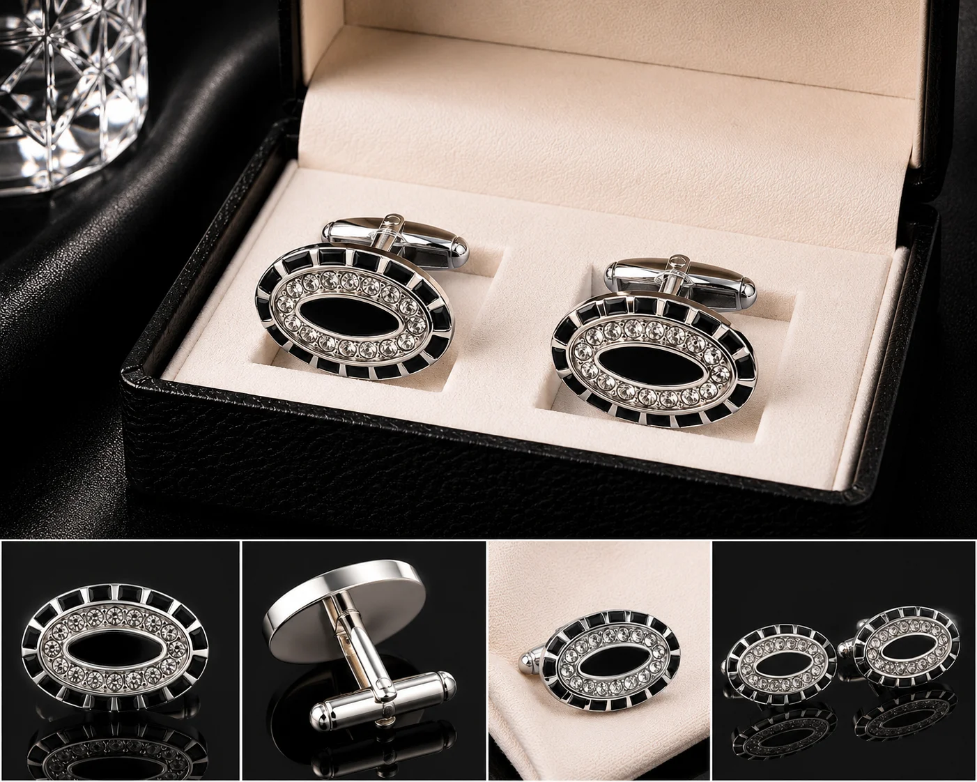 Luxury Black Crystal Oval Cufflinks for Men – Silver Tone Formal Shirt Cuff Links
