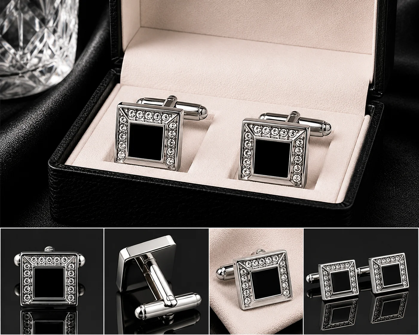 Luxury Black Stone Square Cufflinks for Men – Silver Tone Crystal Formal Shirt Cuff Links