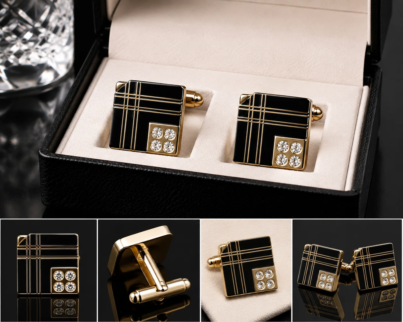 Luxury Black & Gold Square Cufflinks for Men – Premium Crystal Formal Shirt Cuff Links