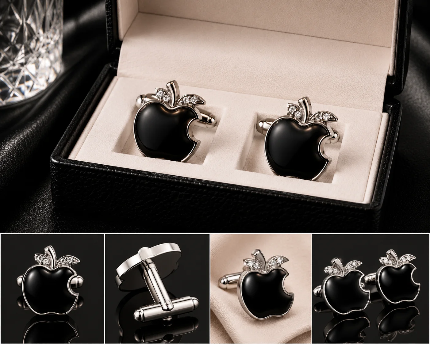 Luxury Black Apple Cufflinks for Men – Silver Tone Crystal Formal Shirt Cuff Links