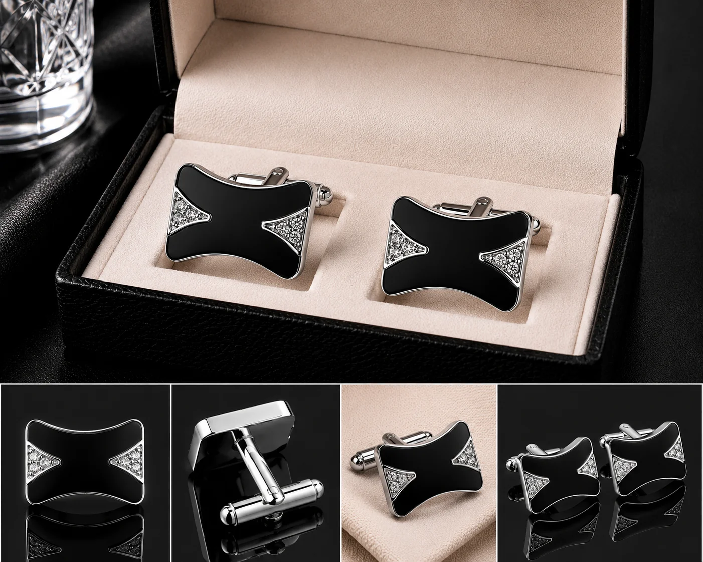 Luxury Black Enamel Crystal Cufflinks for Men – Silver Tone Formal Shirt Cuff Links