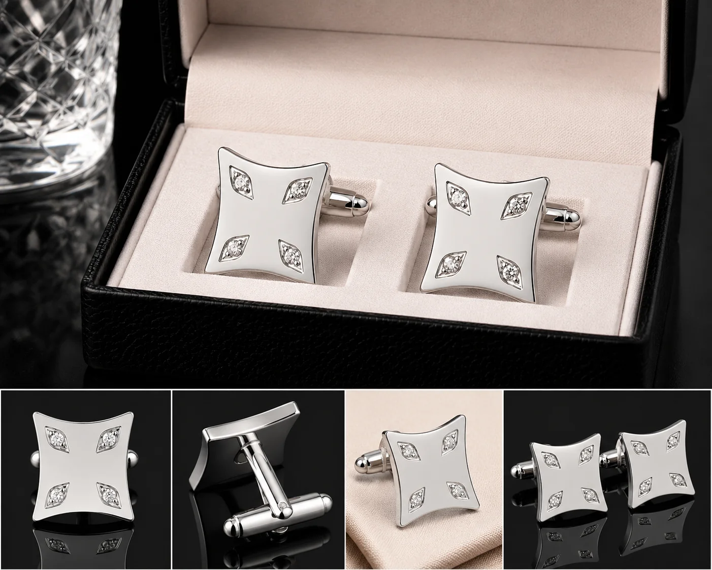 Luxury Silver Crystal Cufflinks for Men – Premium Designer Formal Shirt Cuff Links