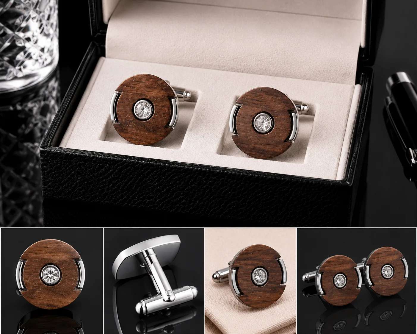 Luxury Wooden Silver Cufflinks for Men – Premium Crystal Formal Shirt Cuff Links