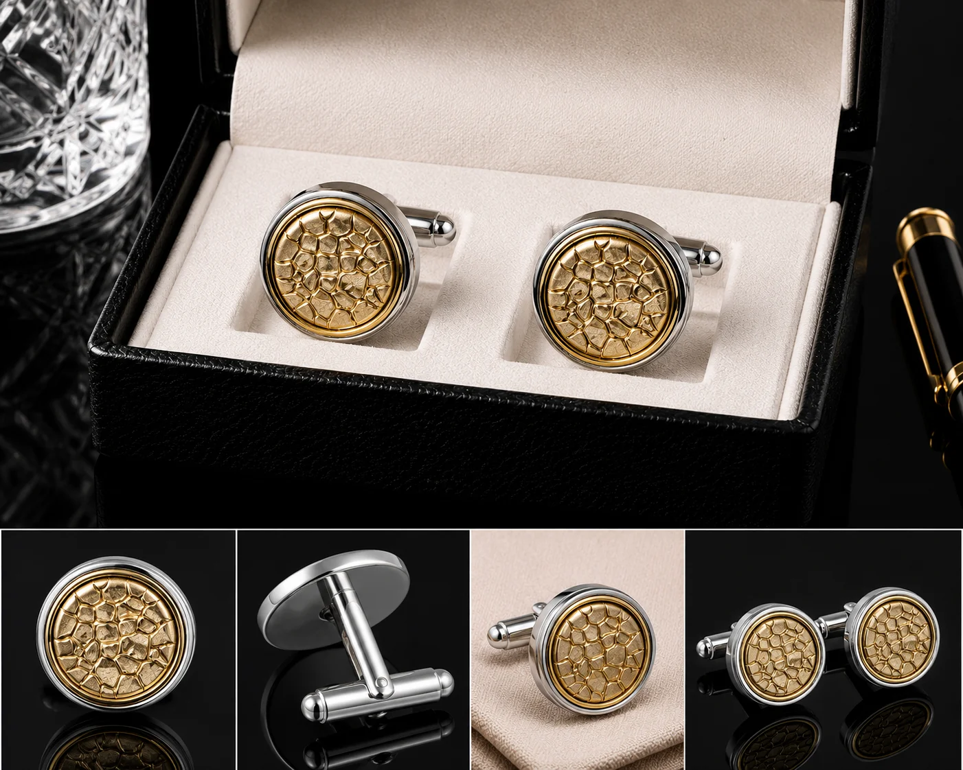 Luxury Gold & Silver Round Cufflinks for Men – Premium Designer Formal Shirt Cuff Links