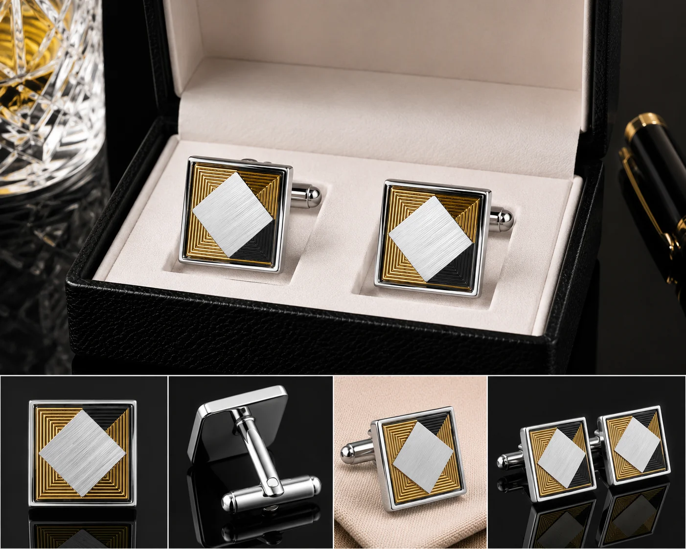 Premium Geometric Silver & Gold Tone Cufflinks