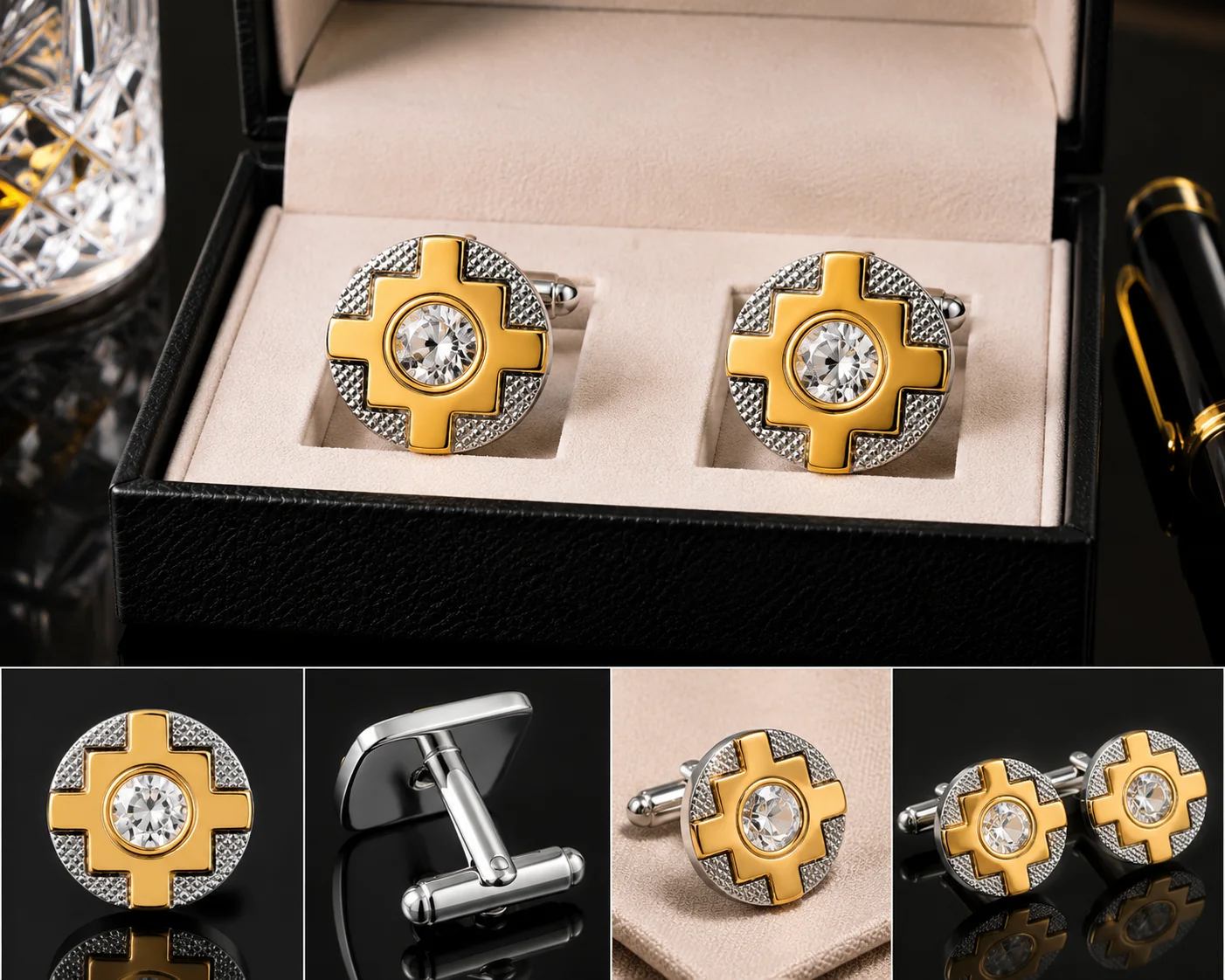 Luxury Gold & Silver Crystal Cufflinks