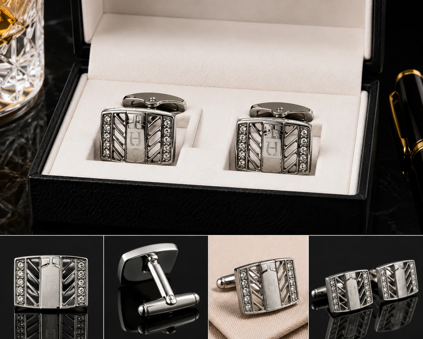 Luxury Silver Crystal Rectangle Cufflinks for Men