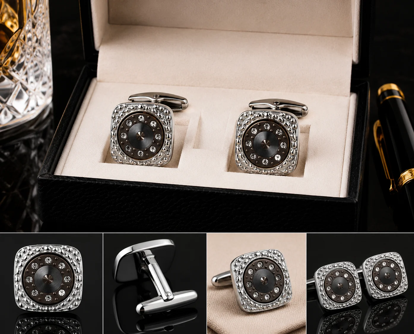 Luxury Silver Crystal Square Cufflinks for Men