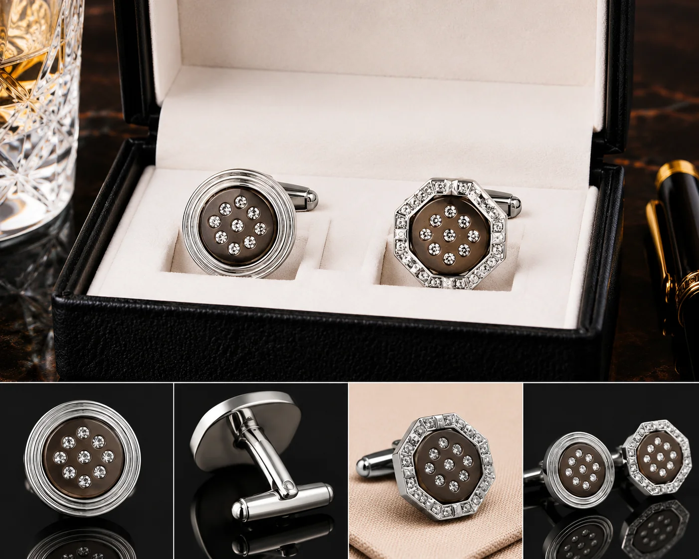 Luxury Crystal Accent Designer Cufflinks for Men