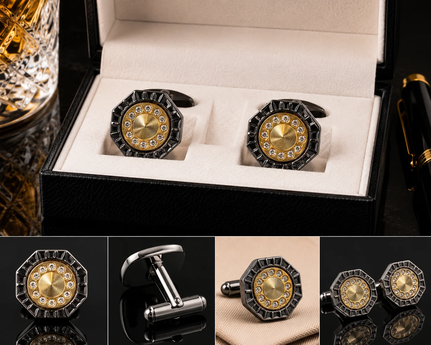 Luxury Black & Gold Octagonal Crystal Cufflinks for Men