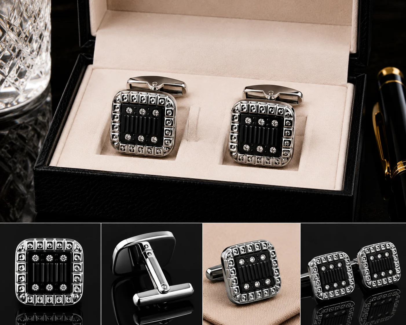 Luxury Black Crystal Square Cufflinks for Men