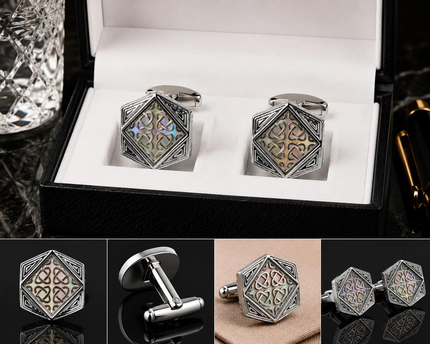 Luxury Hexagon Silver Cufflinks for Men – Geometric Pattern Design
