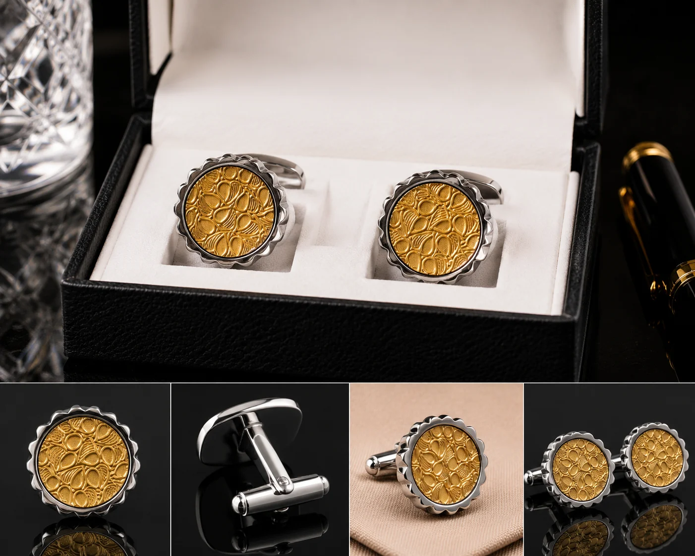 Luxury Gold Pattern Round Cufflinks for Men – Premium Formal Accessory