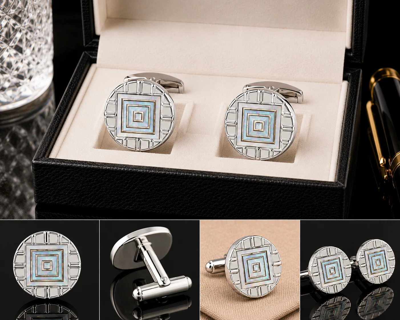 Premium Silver Geometric Mother of Pearl Cufflinks for Men