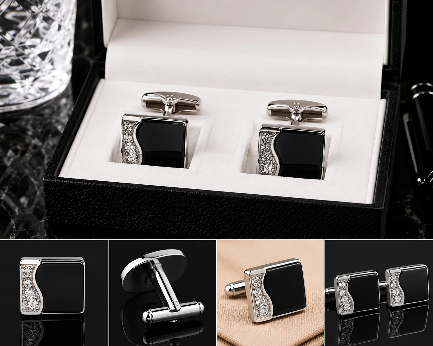 Premium Black & Silver Crystal Accent Cufflinks for Men