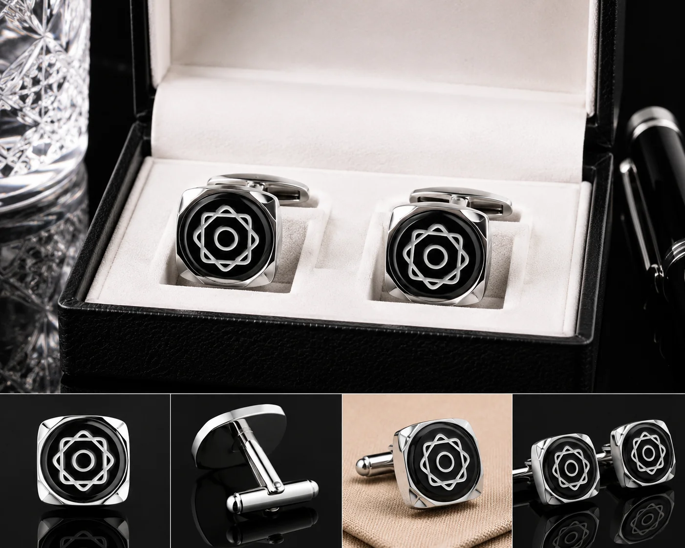 Premium Black & Silver Geometric Cufflinks for Men