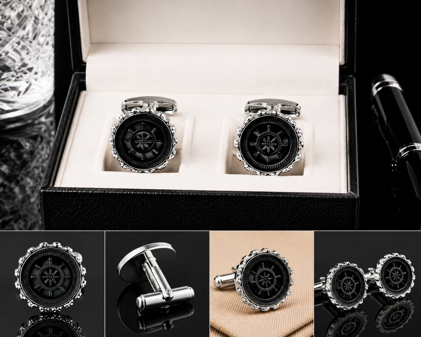 Premium Nautical Wheel Black & Silver Cufflinks for Men