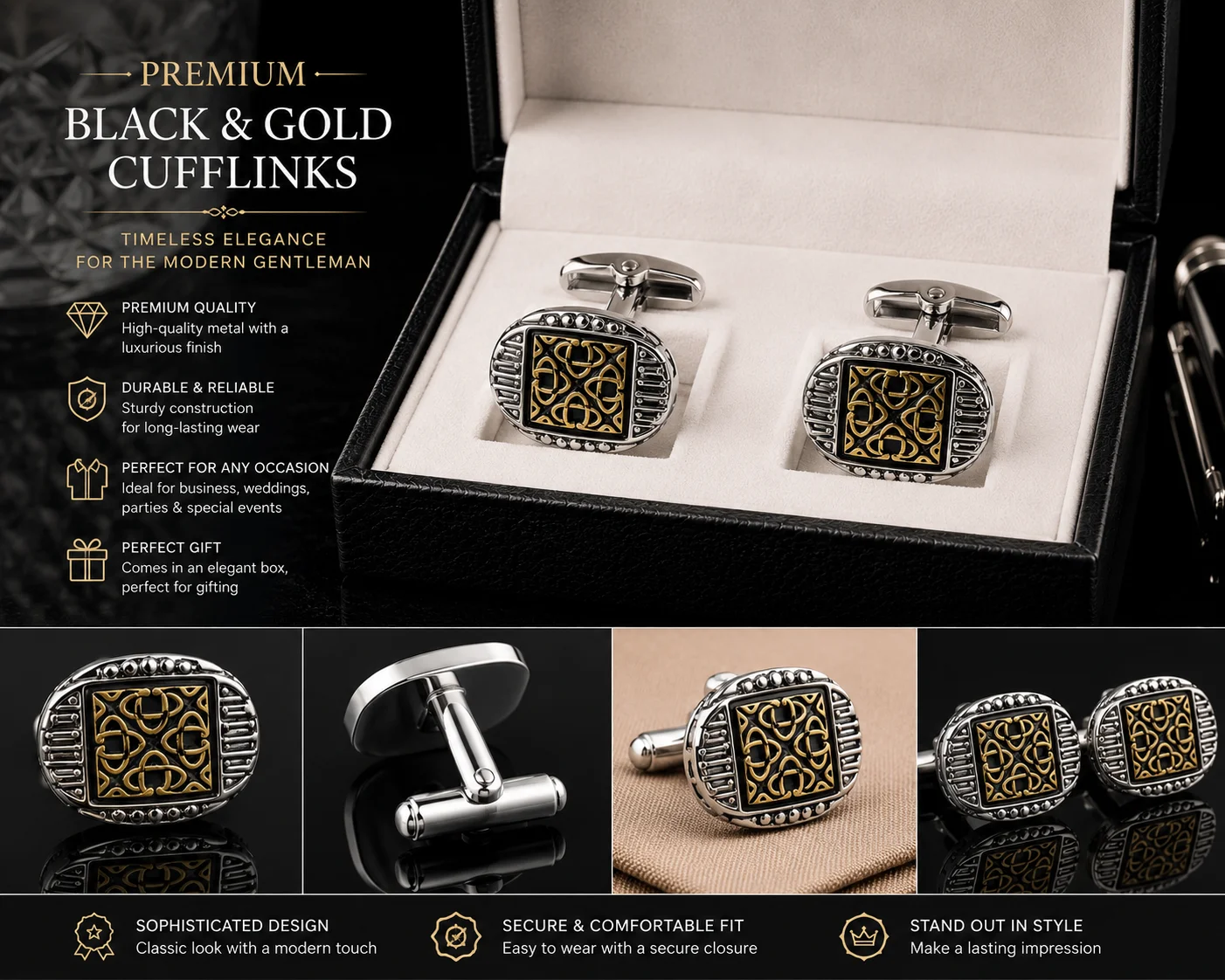 Luxury Silver & Gold Patterned Oval Cufflinks for Men