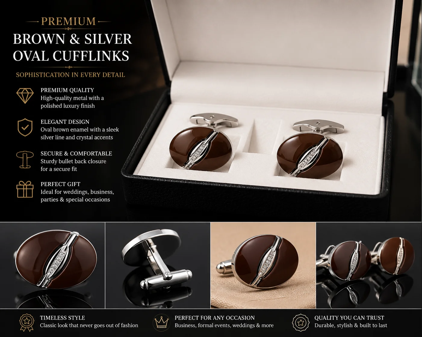 Premium Brown Oval Crystal Accent Cufflinks for Men