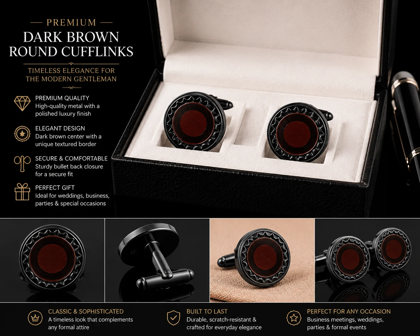 Premium Dark Brown Round Cufflinks for Men