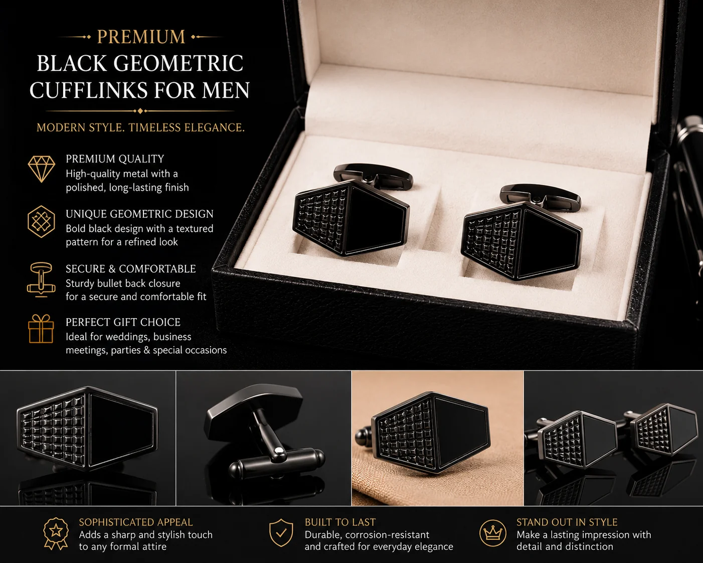 Premium Black Geometric Cufflinks for Men