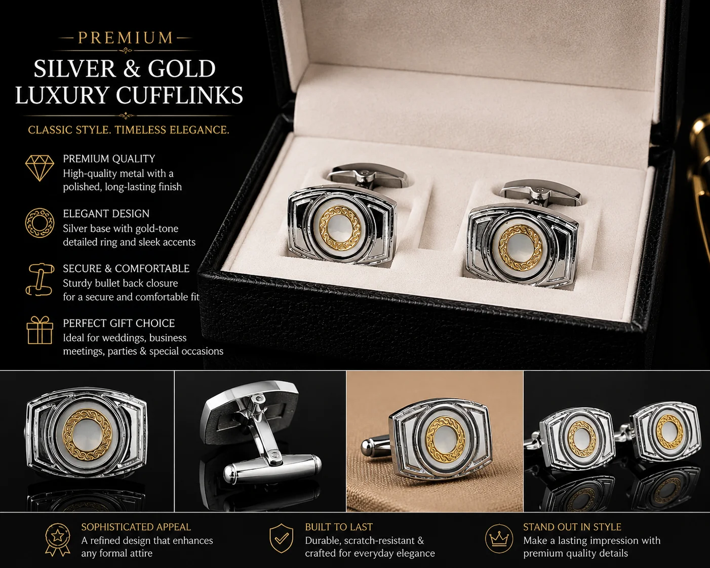 Luxury Silver & Gold Circle Cufflinks for Men