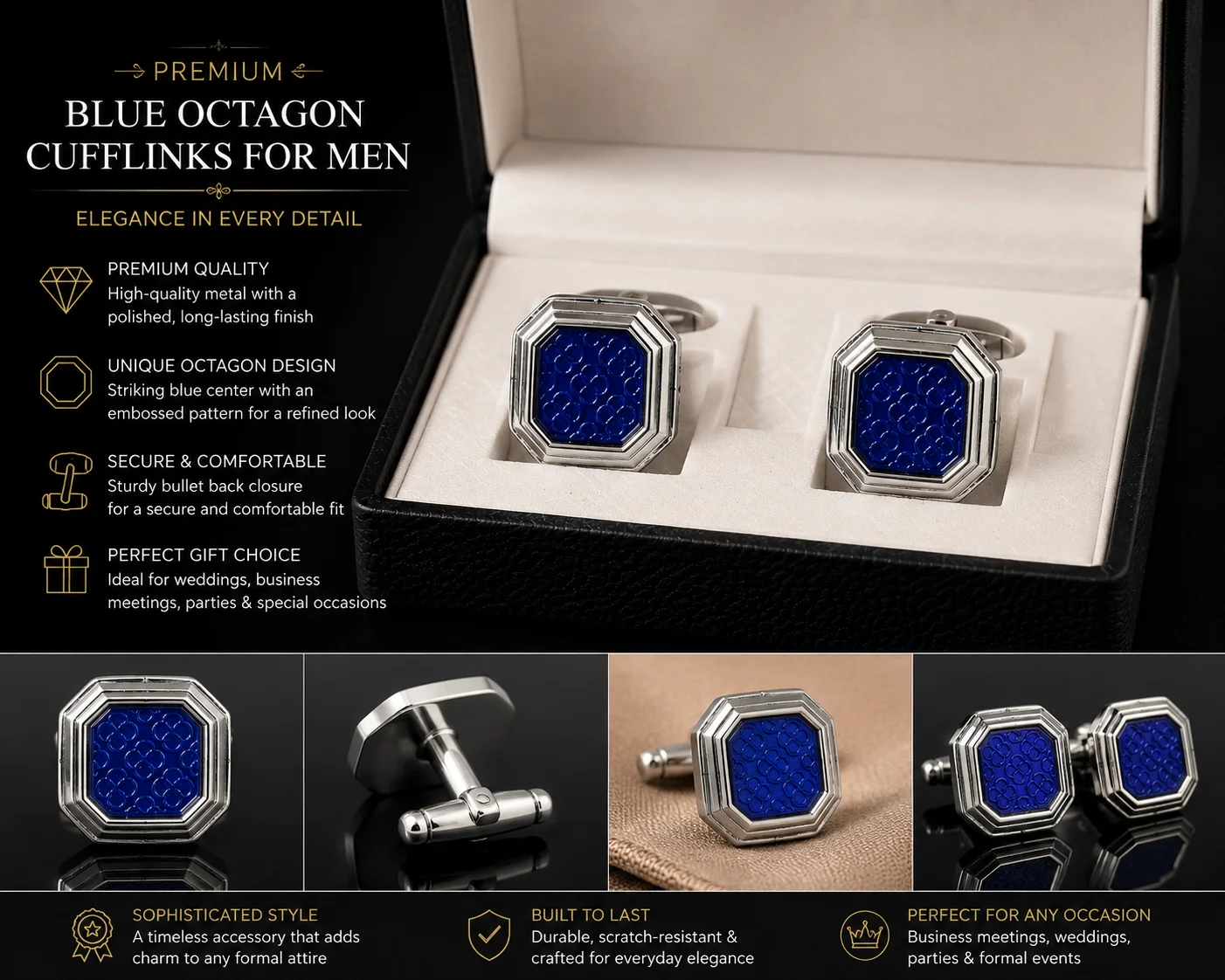 Royal Blue Octagon Cufflinks for Men