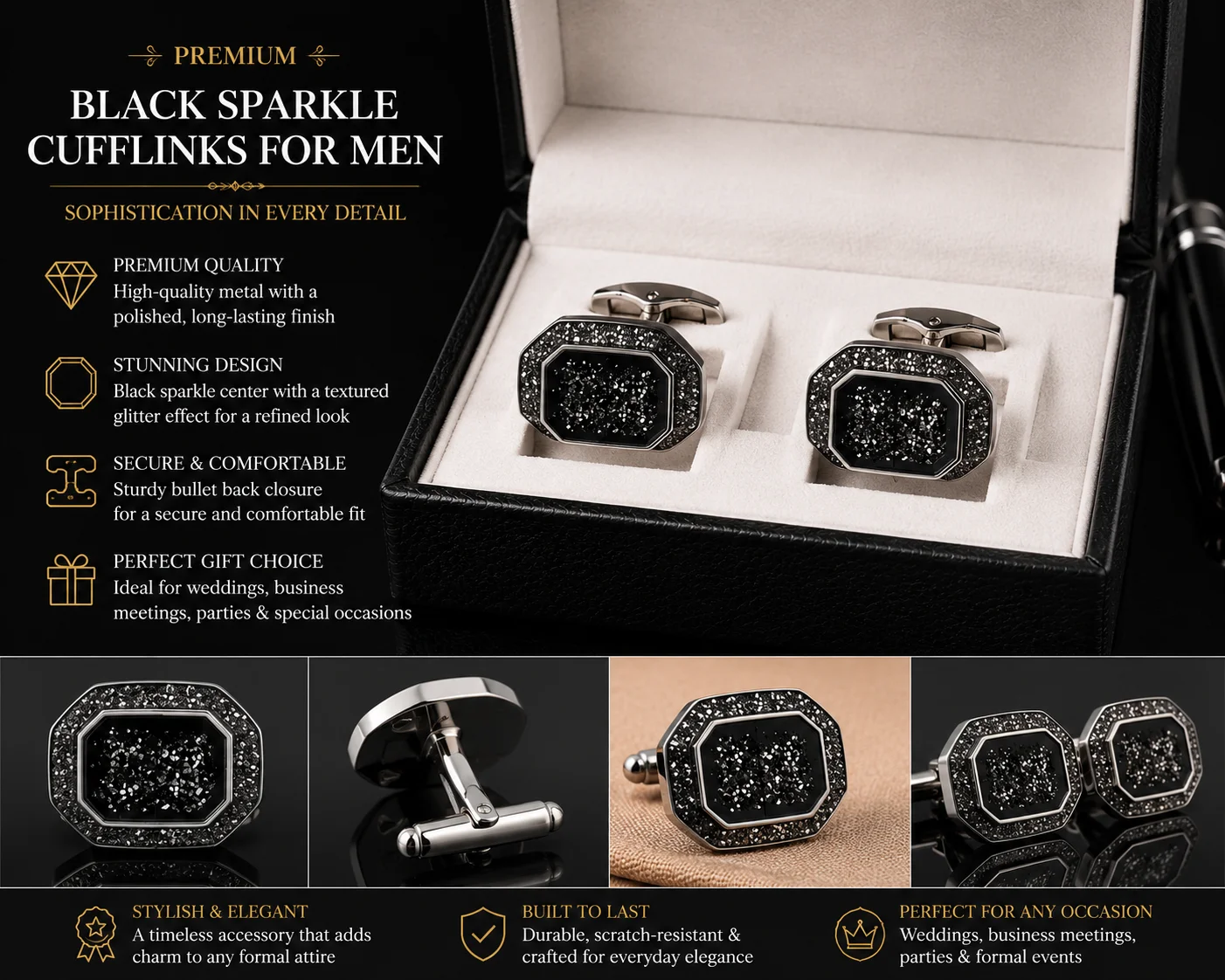 Black Crystal Octagon Cufflinks for Men
