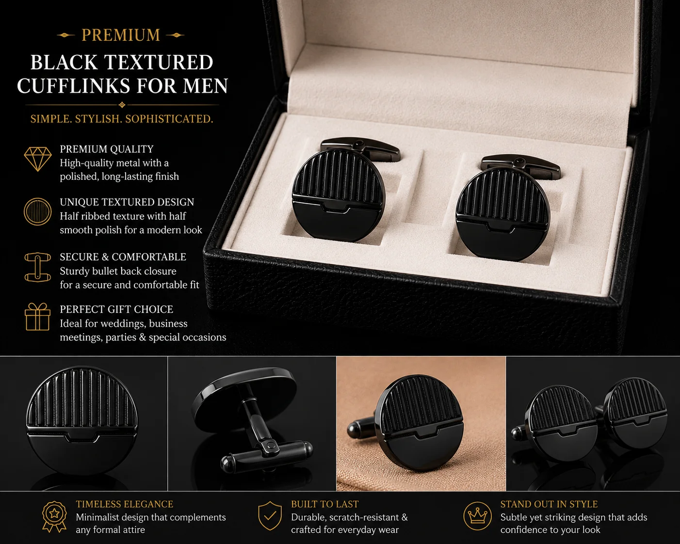 Premium Black Textured Round Cufflinks for Men