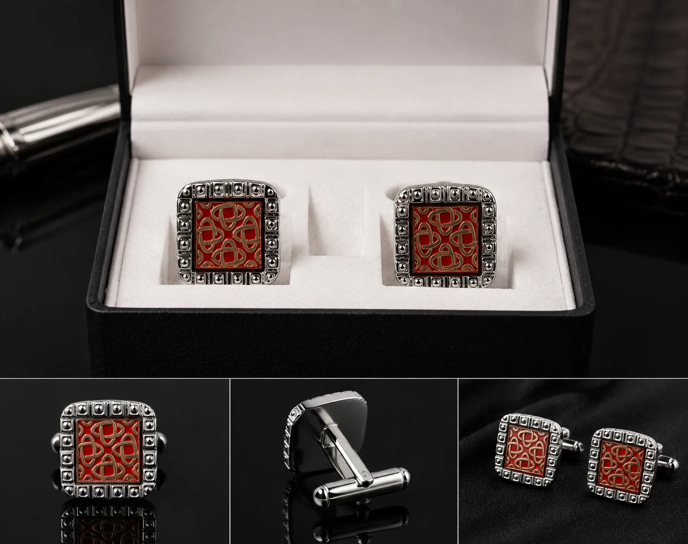 Premium Red Enamel Square Cufflinks for Men