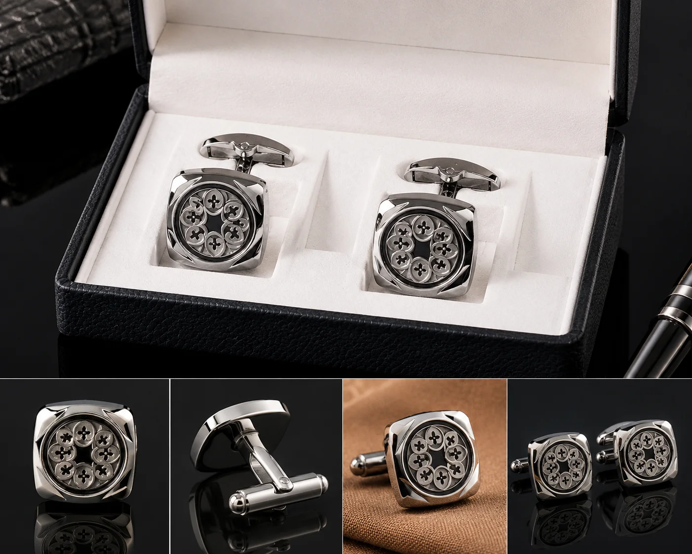Premium Silver Pattern Square Cufflinks for Men